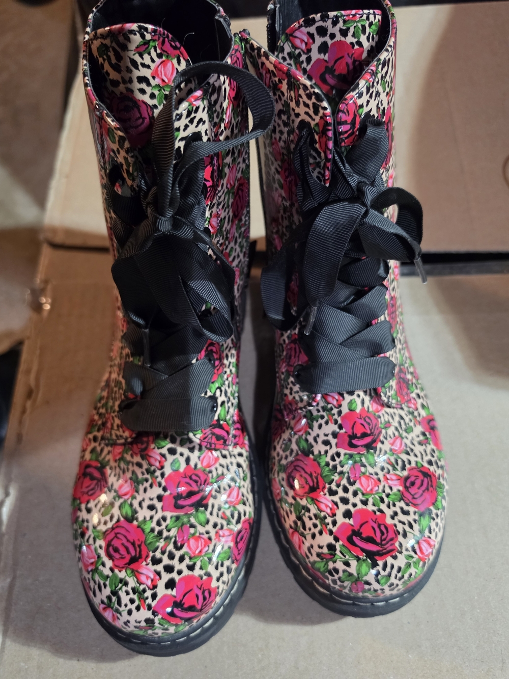 Floral Leopard Combat Boots - Pink